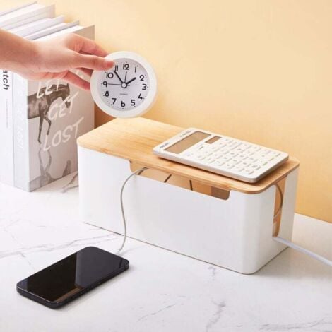 [NEVER USED] Cable Management Box, Cable Storage Box with Bamboo Cover, Cable Hiding Box for Organizing Computer Cables, Loose Wires, Hiding Cables (White)