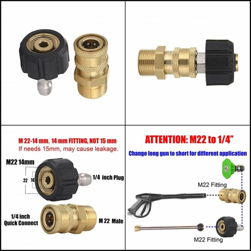 M22-14 Hochdruckreiniger Adapter Set – 3/8 Schnellverbindung, Schwenkbar, Bis 5000 PSI, Edelstahl & Messing