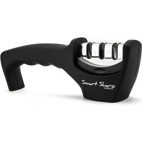 Smart Sharp 3-stufiger Schärfer – für Küchenmesser – professionelles Ergebnis/ergonomisches Design – Keramikstein/Wolframkarbid/Diamant – Schwarz/Chrom-Finish