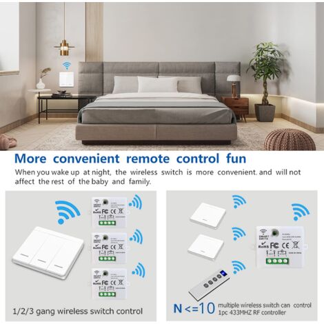 Bkiyougo Kabelloser Lichtschalter – RF 433 MHz, 10A, Bis 1500W, Inkl. Relaisempfänger, Einfache Montage