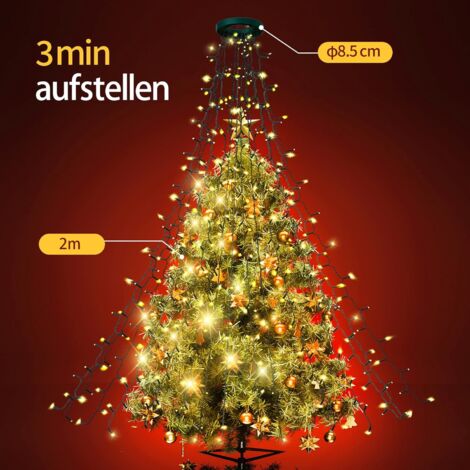 Weihnachtsbaumbeleuchtung, 2 m, 16 Zweige, 400 LEDs, Weihnachtsbaumbeleuchtung mit 8 Modi und Timer, wasserdichte Weihnachtsbaumbeleuchtung für Weihnachtsbaumdekoration – Warmweiß