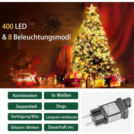 Weihnachtsbaumbeleuchtung, 2 m, 16 Zweige, 400 LEDs, Weihnachtsbaumbeleuchtung mit 8 Modi und Timer, wasserdichte Weihnachtsbaumbeleuchtung für Weihnachtsbaumdekoration – Warmweiß