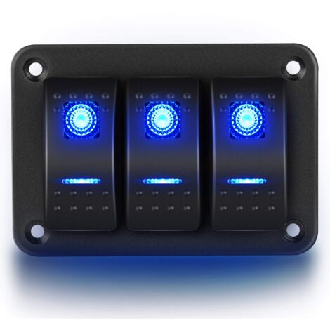 90017C 3-Gang-Aluminium-Panel-Wippschalter-Armaturenbrett, 5-poliger, vorverdrahteter Ein/Aus-Wippschalterhalter für Auto, Auto, Boot, Marine, 2 Jahre Garantie, blau