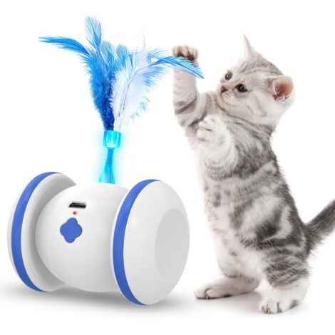 Interaktives Katzenspielzeug für den Innenbereich, 4 Federn, wiederaufladbar über USB, automatische 360-Grad-Drehung, intelligentes Katzenspiel mit LED-Licht (blau)