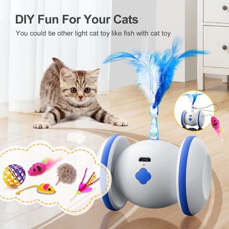 Interaktives Katzenspielzeug für den Innenbereich, 4 Federn, wiederaufladbar über USB, automatische 360-Grad-Drehung, intelligentes Katzenspiel mit LED-Licht (blau)