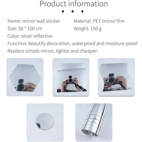 Adesivo per specchio Specchio adesivo decorativo HD Specchi adesivi decorativi Specchio da parete Mosaico decorativo Autoadesivo Bagno Soggiorno Camera da letto (0,1 mm x 50 x 100 cm)