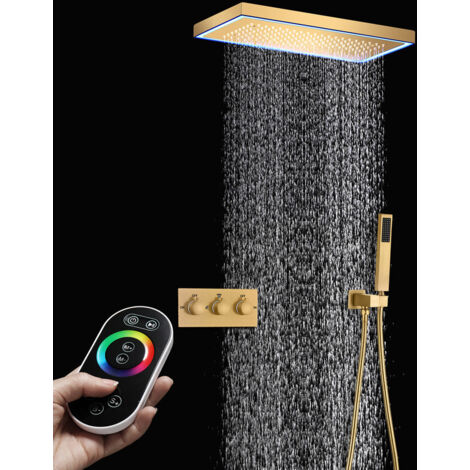 Columna ducha,Conjunto de columna de ducha 3 en 1 con cabezal de ducha de 260x260 mm,Columna de ducha termostática oro cepillado,Barra de ducha con cabezal de ducha orientable 360° (1/5)