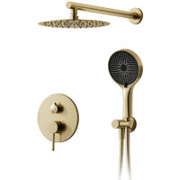 Columna ducha,Sistema de ducha con rociador de lluvia de 30 x 30 cm,Juego de accesorios de ducha ocultos en oro cepillado,Cabezal de ducha de lluvia ajustable 360°,Conjunto completo con ducha de mano