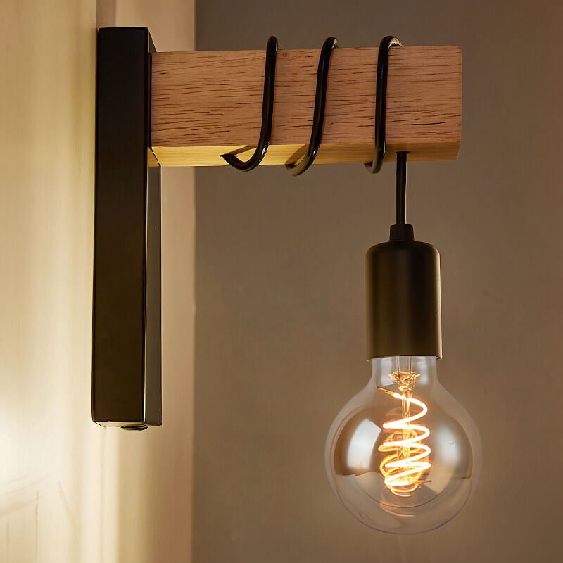Modern Metal et Bois Applique Murale Lampe Intérieur Modern Lampe E27 Murale Applique Industrielle Nordique Lampe Murale Plafonnier Industrielle Eclairage de Plafond Chambre Applique, (Noir) 2