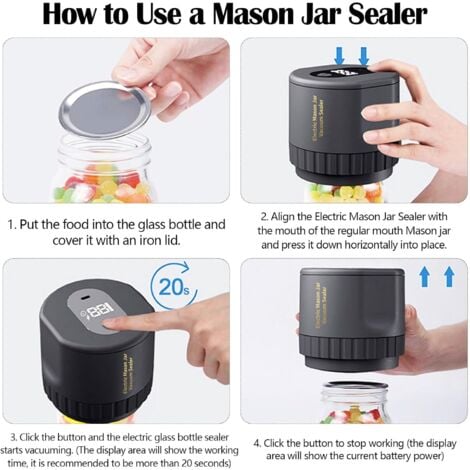 Scelleuse sous vide, scelleuse sous vide pour bocaux de conservation, kit de scelleuse de bocaux Mason électrique avec 10 couvercles, scelleuse sous vide avec affichage LED pour bocaux de conservation