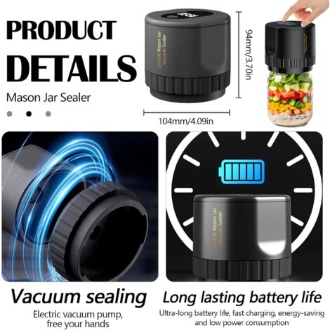 Scelleuse sous vide, scelleuse sous vide pour bocaux de conservation, kit de scelleuse de bocaux Mason électrique avec 10 couvercles, scelleuse sous vide avec affichage LED pour bocaux de conservation