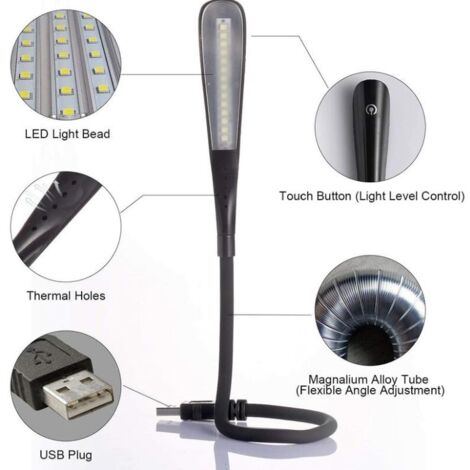 Lampe LED USB, lampe de lecture pour clavier d'ordinateur, lumière USB réglable pour ordinateur portable, conception flexible en col de cygne, luminosité à 3 niveaux, contrôle tactile (noir)