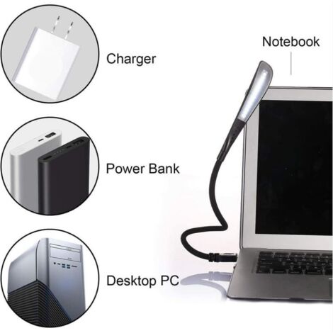 Lampe LED USB, lampe de lecture pour clavier d'ordinateur, lumière USB réglable pour ordinateur portable, conception flexible en col de cygne, luminosité à 3 niveaux, contrôle tactile (noir)