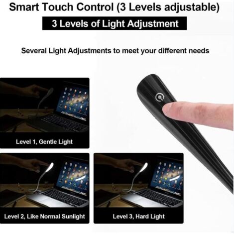 Lampe LED USB, lampe de lecture pour clavier d'ordinateur, lumière USB réglable pour ordinateur portable, conception flexible en col de cygne, luminosité à 3 niveaux, contrôle tactile (noir)