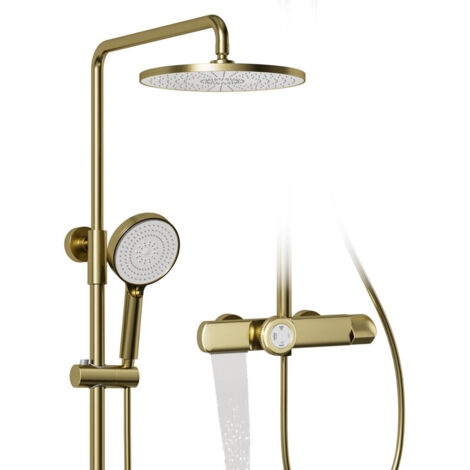 Colonna doccia, Colonna doccia termostatica oro spazzolato, Set colonna doccia 3 in 1 con soffione grande a pioggia 260 x 260 mm, Asta doccia con soffione e doccetta, Soffione a pioggia con accessori