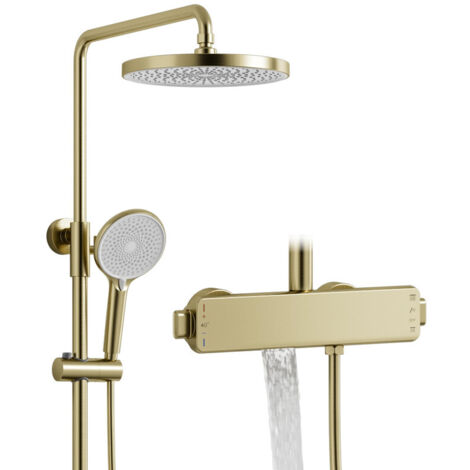 Colonna doccia, colonna doccia termostatica versatile, con soffione tondo, scarico acqua inferiore nascosto, kit doccia regolabile in altezza e angolazione, oro spazzolato (1/5)