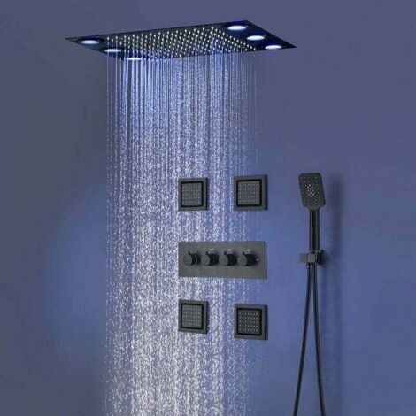 Colonna doccia multifunzione, colonna doccia nera, colonna doccia senza miscelatore, con getto laterale, asta doccia con soffione e doccetta, set doccia con luce ambiente LED colorata