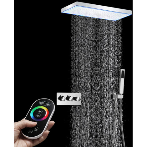 Colonna doccia,Soffione doccia LED musicale a 64 colori 400x200mm,Sistema doccia per tutto il corpo,Set doccia a pioggia a soffitto,Valvola doccia a 2 funzioni,Con doccetta manuale (Cromato)