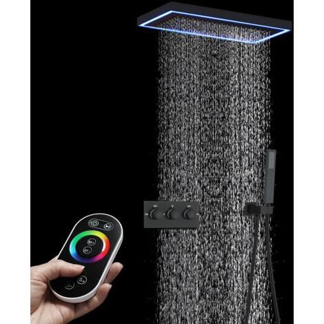 Colonna doccia,Soffione doccia LED musicale a 64 colori 400x200mm,Sistema doccia per tutto il corpo,Set doccia a pioggia a soffitto,Valvola doccia a 2 funzioni,Con doccetta manuale (Nero)