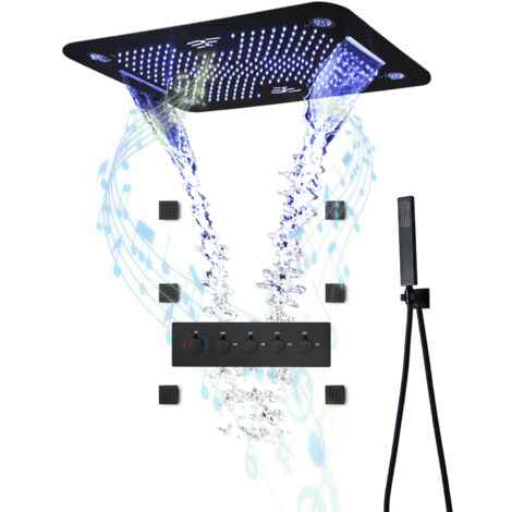 OihPaw Duschsystem mit Thermostat Musik 64 Farben RGB LED 50mm Seite Spray 580 380mm 3 Funktionen Duschkopf Schwarz