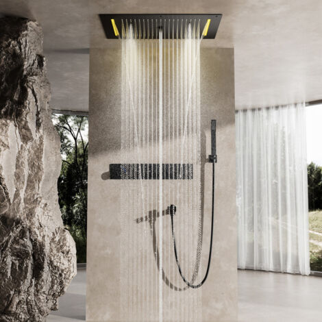 Duschsystem Mit Thermostat,Multifunktionale Schwarze Versteckte Dusche,700 X 380 Mm Große Kopfbrause Mit 12 LED-Leuchten Und Fünf Strahlarten,Mit Handbrause Und Unterem Auslauf