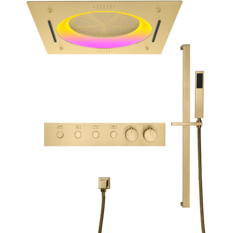 Duschsystem,Multifunktionales Gold Unterputz Dusche,Duschsystem Mit Thermostat,Die 550x550 mm große Kopfbrause verfügt über,Mit LED-Lichtern und Musik,Handbrause,Mit Hebestange und Brauseschlauch