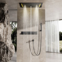 Duschsystem Mit Thermostat,Multifunktionale Schwarze Versteckte Dusche,700 X 380 Mm Große Kopfbrause Mit 12 LED-Leuchten Und Fünf Strahlarten,Mit Handbrause Und Unterem Auslauf