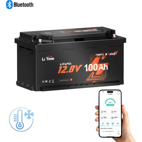 LiTime Batterie Lithium LiFePO4 12V 100Ah Bluetooth pour Camping-car, RV, Caravane, Hauteur 190mm, 1280Wh, batterie solaire rechargeable s'insère sous la Plupart des sièges de Camping-cars-1PCS
