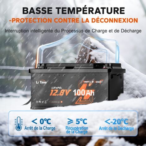 LiTime Batterie Lithium LiFePO4 12V 100Ah Bluetooth pour Camping-car, RV, Caravane, Hauteur 190mm, 1280Wh, batterie solaire rechargeable s'insère sous la Plupart des sièges de Camping-cars-1PCS