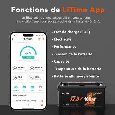 LiTime Batterie Lithium LiFePO4 12V 100Ah Bluetooth pour Camping-car, RV, Caravane, Hauteur 190mm, 1280Wh, batterie solaire rechargeable s'insère sous la Plupart des sièges de Camping-cars-1PCS