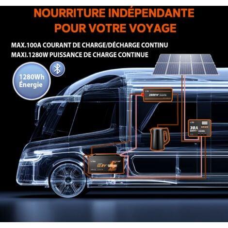 LiTime Batterie Lithium LiFePO4 12V 100Ah Bluetooth pour Camping-car, RV, Caravane, Hauteur 190mm, 1280Wh, batterie solaire rechargeable s'insère sous la Plupart des sièges de Camping-cars-1PCS