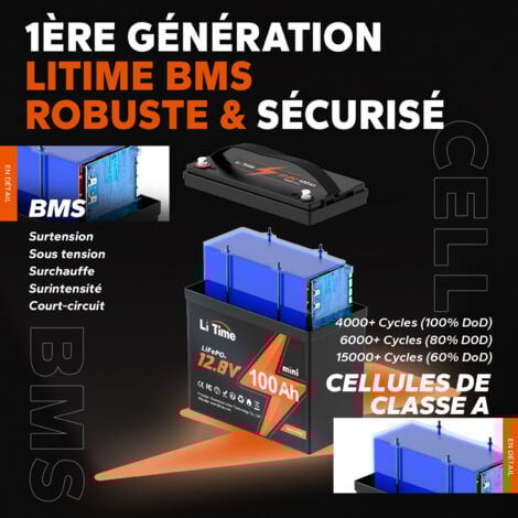 LiTime Batterie lithium LiFePO4 12V 100Ah mini ,BMS 100A amélioré, Durée de Vie de 10 Ans, jusqu'à 15 000 Cycles, Batterie LiFePO4 jusqu'à 1280Wh d'énergie Batterie -Paquet de 1 Pièce