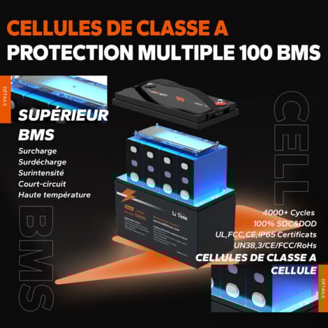 LiTime Batterie Lithium LiFePO4 12V 100Ah 100A BMS 1280Wh Stockage avec Panneau solaire, Parfaite pour Camping-Car, Bateau Batterie - 1Pcs