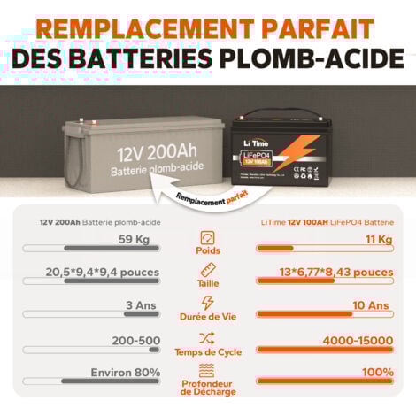 LiTime Batterie Lithium LiFePO4 12V 100Ah 100A BMS 1280Wh Stockage avec Panneau solaire, Parfaite pour Camping-Car, Bateau Batterie - 1Pcs
