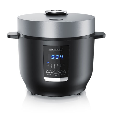 Arendo Reiskocher Digital, 350 Watt, 2L, 5 Kochprogramme, Timer, Warmhaltefunktion, BPA-frei, inkl. Messbecher & Reislöffel, Schwarz/Silber
