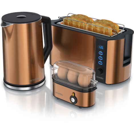 Arendo 3-teiliges Frühstücks-Set, 4 Scheiben Langschlitztoaster, Wasserkocher 1,5l, 3er Eierkocher, Kupfer (1/5)
