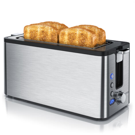 Arendo Edelstahl Toaster Langschlitz 4 Scheiben - Defrost Funktion - wärmeisolierendes Gehäuse - mit integrierten Brötchenaufsatz - Krümelschublade