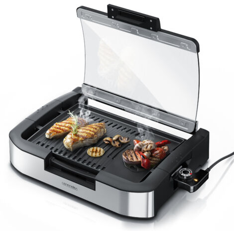Arendo Gourmet Tischgrill mit Glasabdeckung - Elektrogrill - Barbecue - für Steaks, Würstchen, Fisch, Meeresfrüchte, Gemüse, Pilze u.v.m.