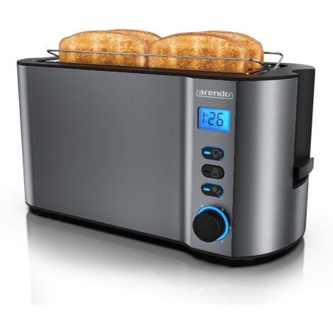 Arendo Langschlitztoaster 4 Scheiben, Edelstahl Toaster mit Restzeitanzeige, 1500W, Doppelwandgehäuse, Brötchenaufsatz, 6 Bräunungsgrade