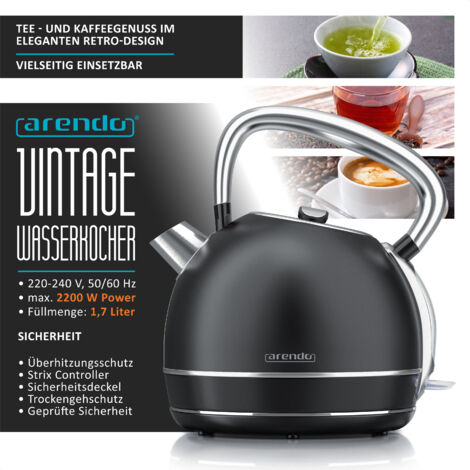 DOMO Wasserkocher Edelstahl 1,7 Liter - 2200 Watt, Automatische Abschaltung & Kalkfilter (Schwarz)