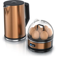 Arendo Frühstücksset, Wasserkocher ELEGANT mit Eierkocher SEVENCOOK Edelstahl Kupfer, Wasserkocher 1,5L, Eierkocher 1-7 Eier, Messbecher