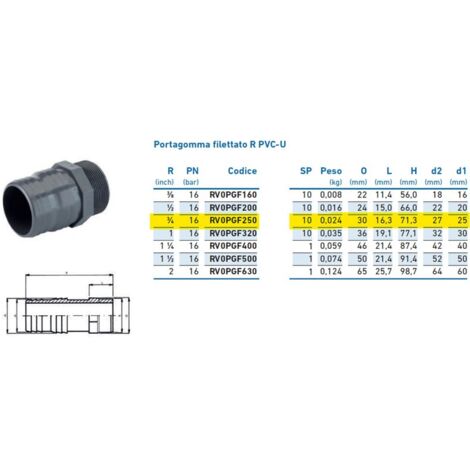 Portagomma filettato R PVC-U 3/4" x 27 x 25 INPFPO225000 - -  IRRITEC - -