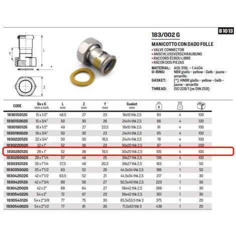 Manicotto ø28 x 1" con dado folle Inox 316L a pressare GAS 183028012G