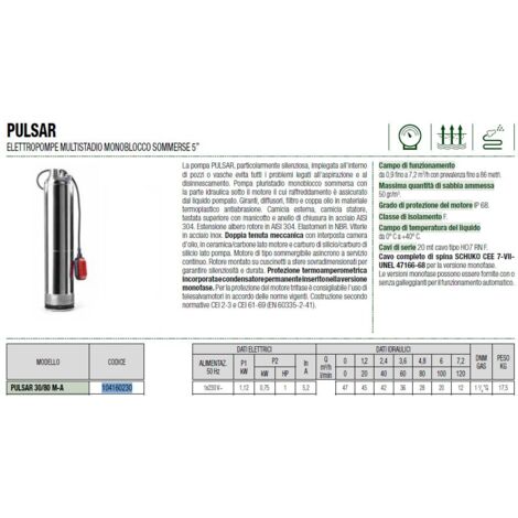 Dab PULSAR 30/80 M-A 1 HP 1x230 V Elettropompa sommersa Monofase pluristadio 60210505
