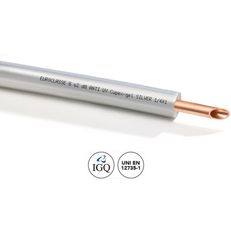 Tubo di rame CUPEX GEL SILVER ø1/4" x 1 (d. 6,35 mm) rivestito da guaina. Spessore rivestimento 7 mm. Per climatizzazione. (prezzo a metro - minimo acquistabile 50 metri e multipli)