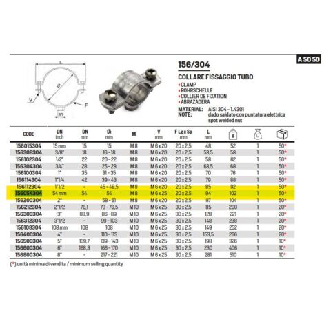 156 Collare fissaggio tubo ø54 dado saldato inox 304 156054304