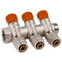 Pexal Twist collettore nichelato 16x2,25 x 3/4" a 3 vie con valvole di chiusura, completo di attacchi - Manopola rossa VS0102755