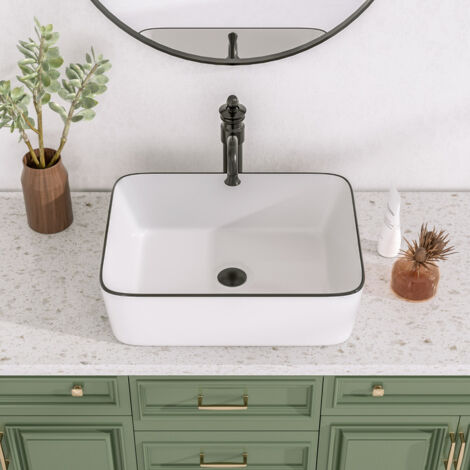 Bathroom Sink - Deervelley Ceramic Sink DV-1V0002, Rectangular Countertop Basin, White with Black Rim, 47.5 x 37.5 x 13 cm