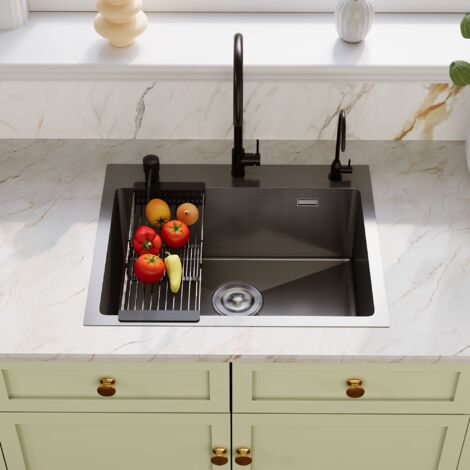 DeerValley Kitchen Sink Black with Faucet, Stainless Steel Single Bowl Small Kitchen Sinks with Retractable Drainer Basket and Overflow, Pop-Up Strainer 55x45cm (1/5)