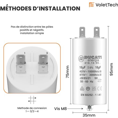 Condensateur 25µF 425-475V - Pour Moteur Monophasé Kärcher, Pompe Piscine, Porte Garage - Cosses 6,4mm
